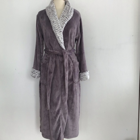 Carole Hochman Taupe Plush /Gray Collar Cuffs selfbelted Long Sleeve Bathrobe  L - Picture 1 of 8